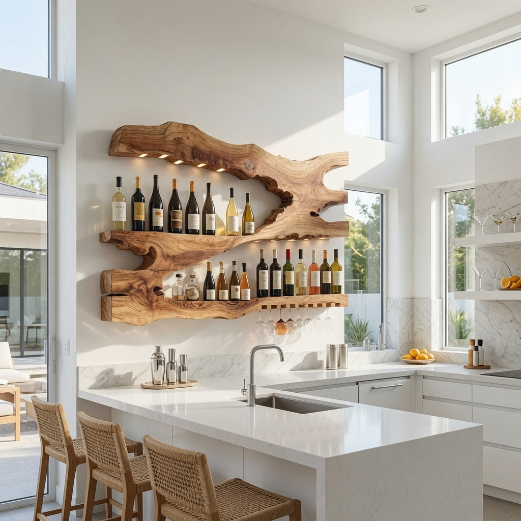 Houten wijnrek wandaccent voor de keuken van natuurlijk hardhout