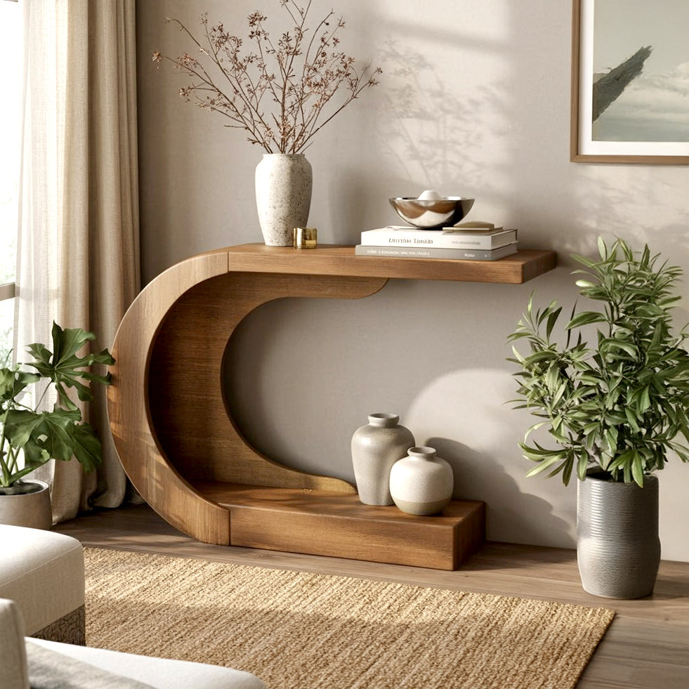 Moderne sculpturale consoletafel met geometrisch houten onderstel