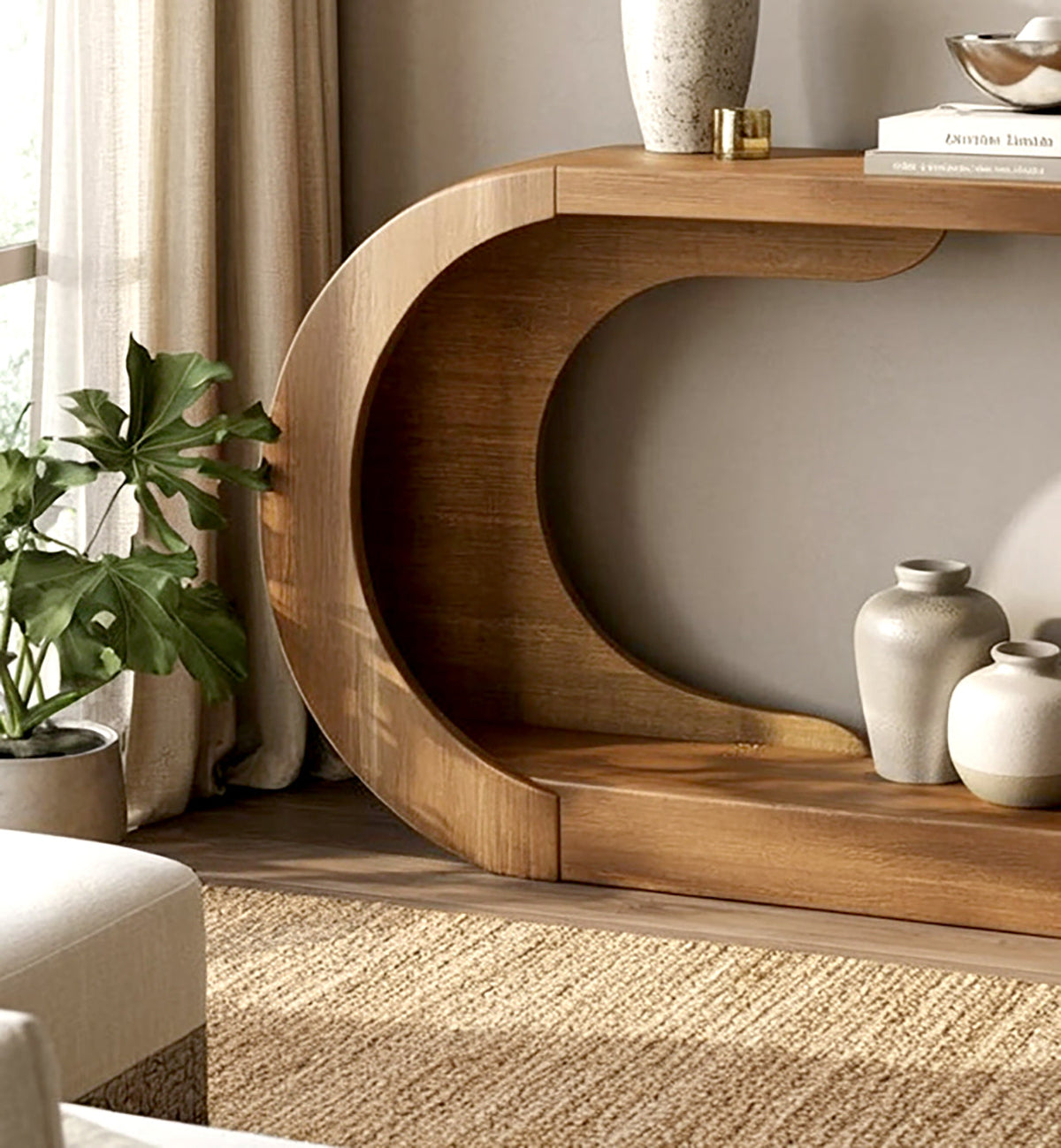 Artistieke houten haltafel met gebogen boogsilhouet
