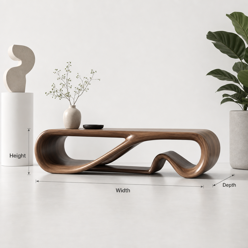 Handgemaakte massief houten bank met organisch golvend design