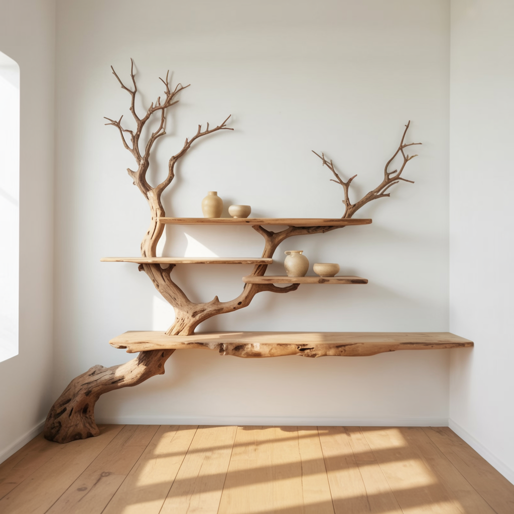 Boom Boekenplank Wandsculptuur - Massief Houten Wandrek