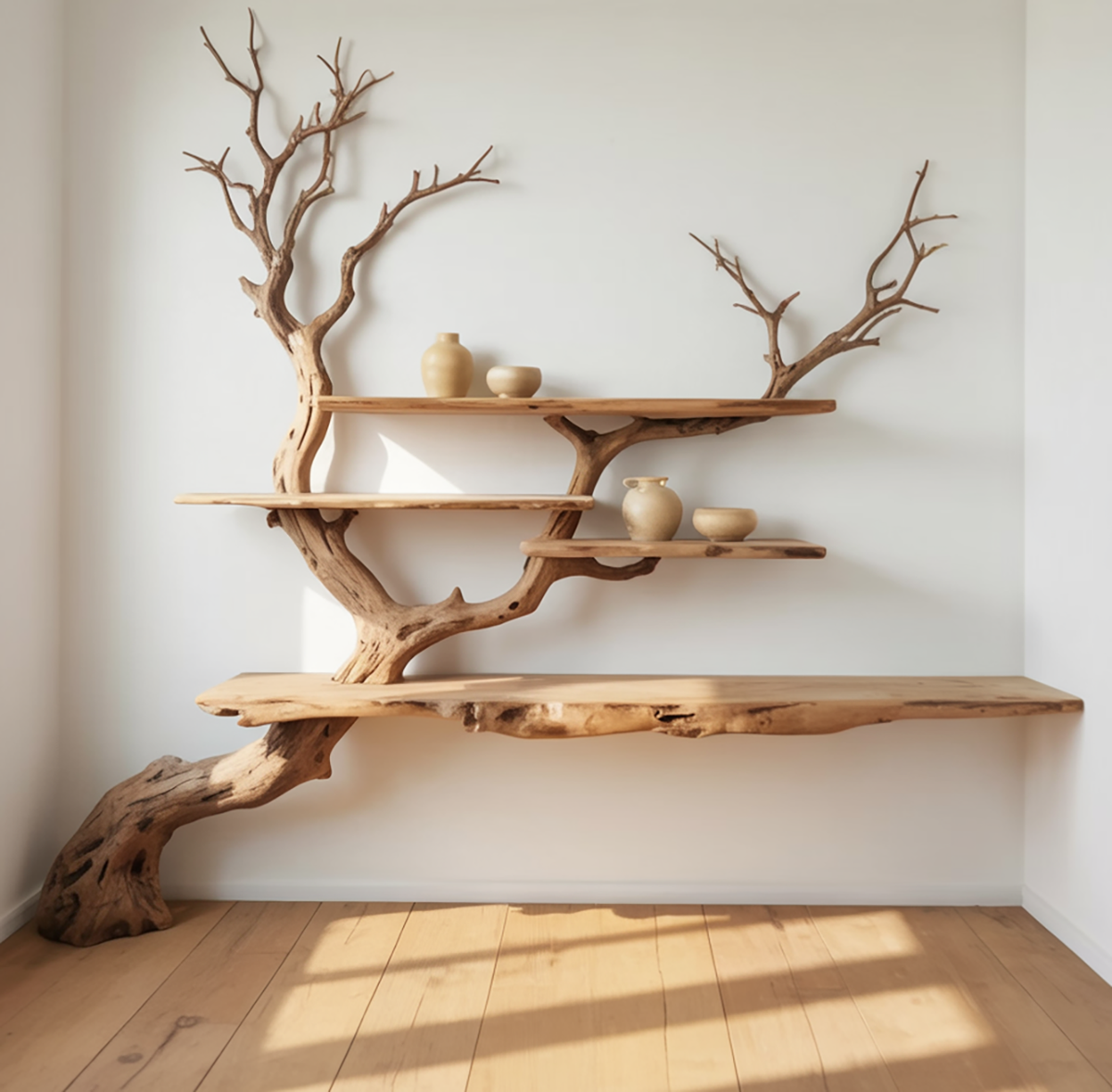 Boom Boekenplank Wandsculptuur - Massief Houten Wandrek