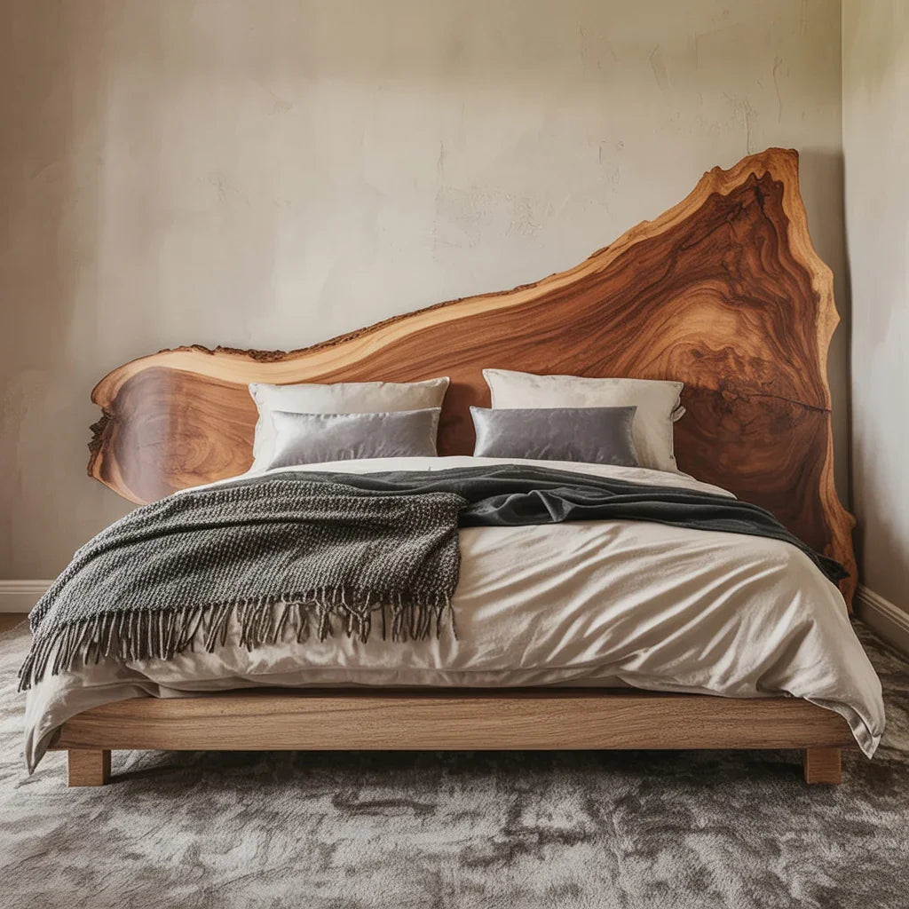 Ambachtelijk rustiek hoofdbord van massief hout met natuurlijke boomrand
