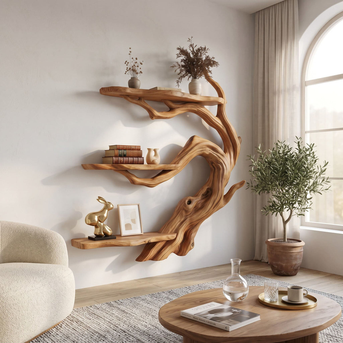 Japandi massief houten wandplank met keramiek in minimalistische kamer