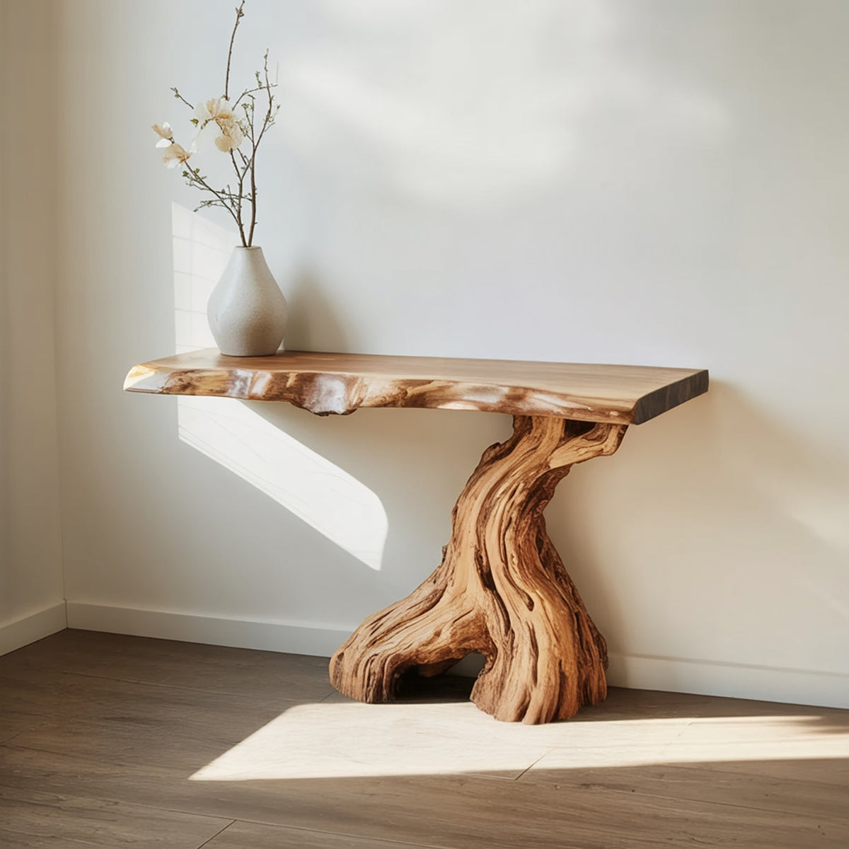 Sculpturale boomrand consoletafel gemaakt van eersteklas massief hout