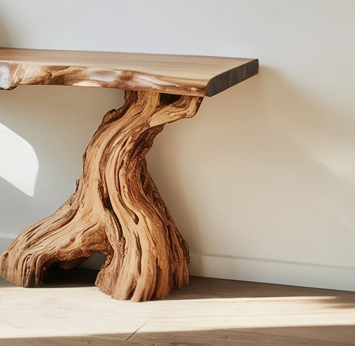 Organische boomstam consoletafel met natuurlijke boomrand en houtnerf