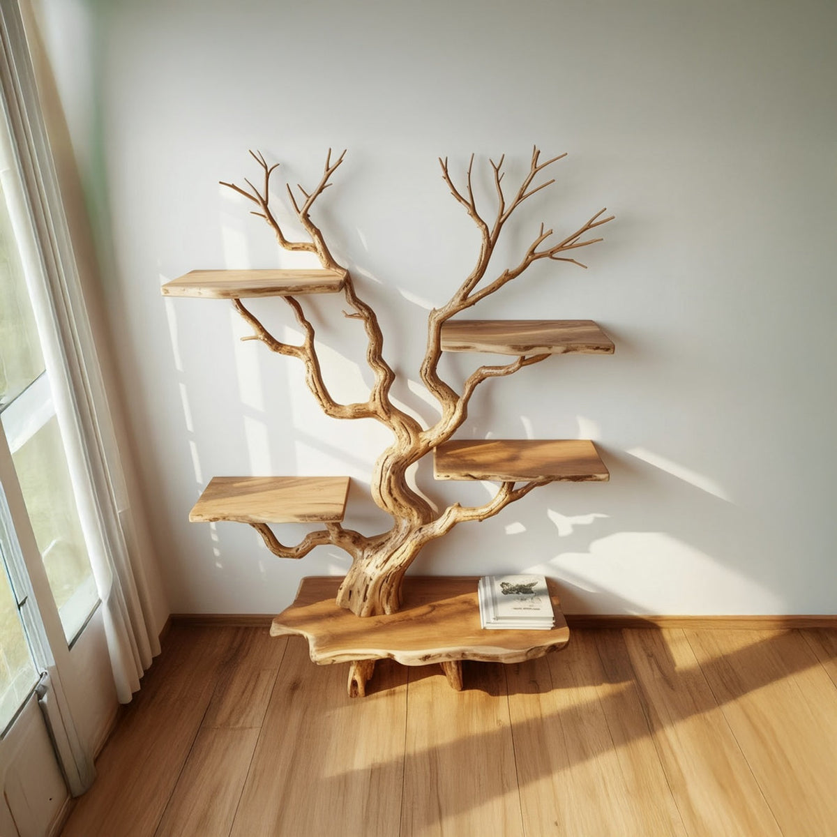 Handgemaakte massief houten boomboekenplank in een moderne woonkamer