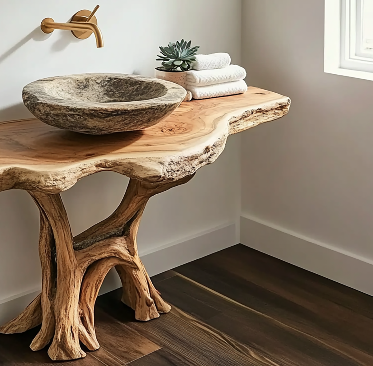 Handgemaakte houten salontafel met natuurlijke boomrand en nerf