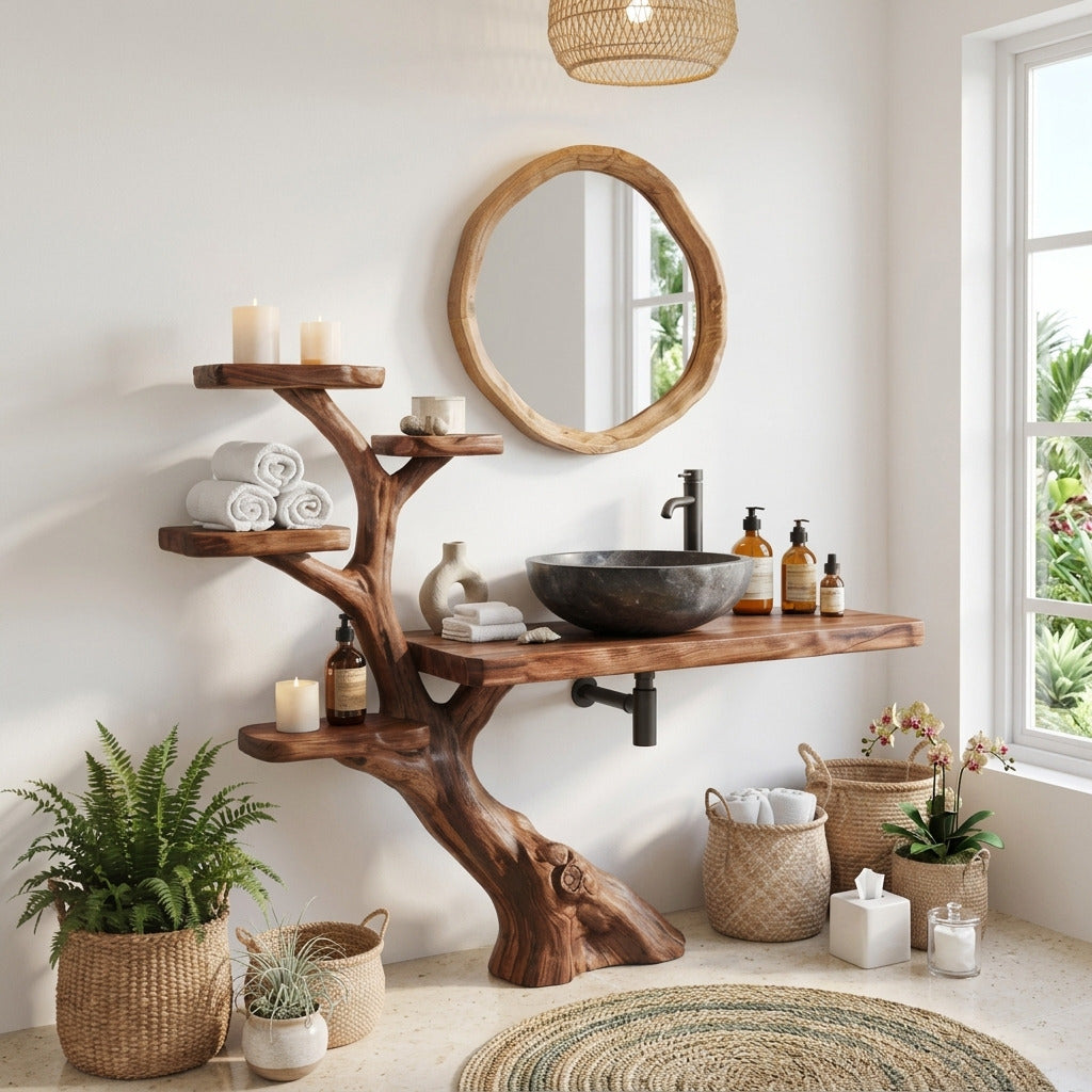 Boomrand massief houten wastafelbasis in een moderne badkamer