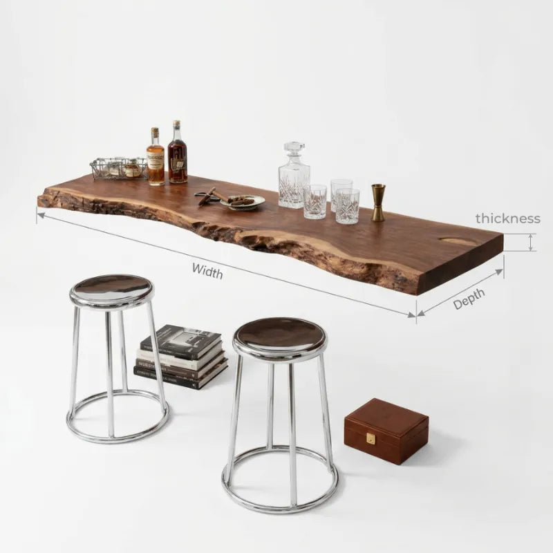 Zwevende Boomrand Barplank - Massief Hout Whisky & Glazen
