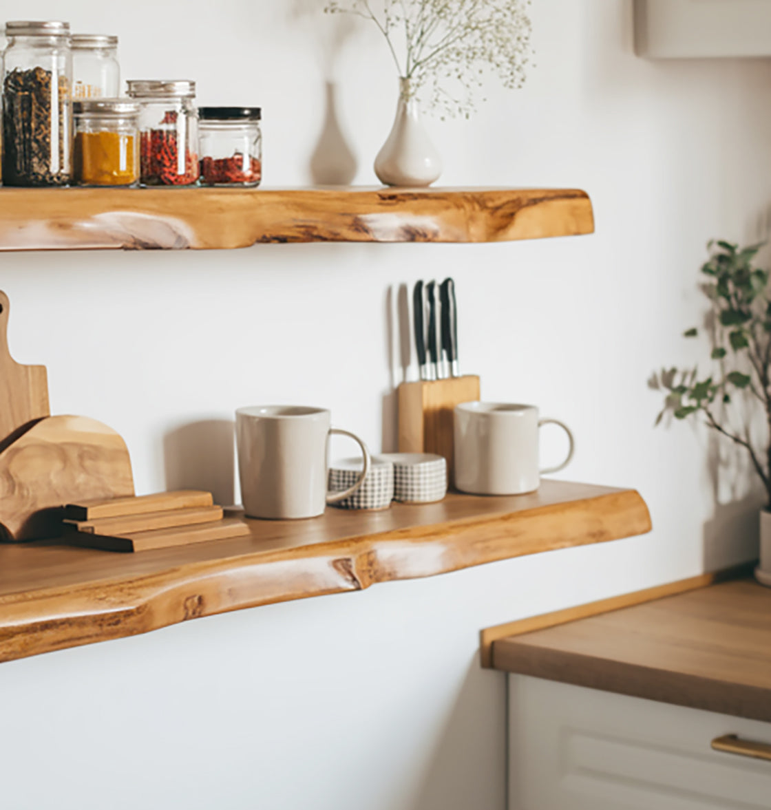 Live Edge Zwevende Keukenwandplank – Massief Hout Opbergruimte