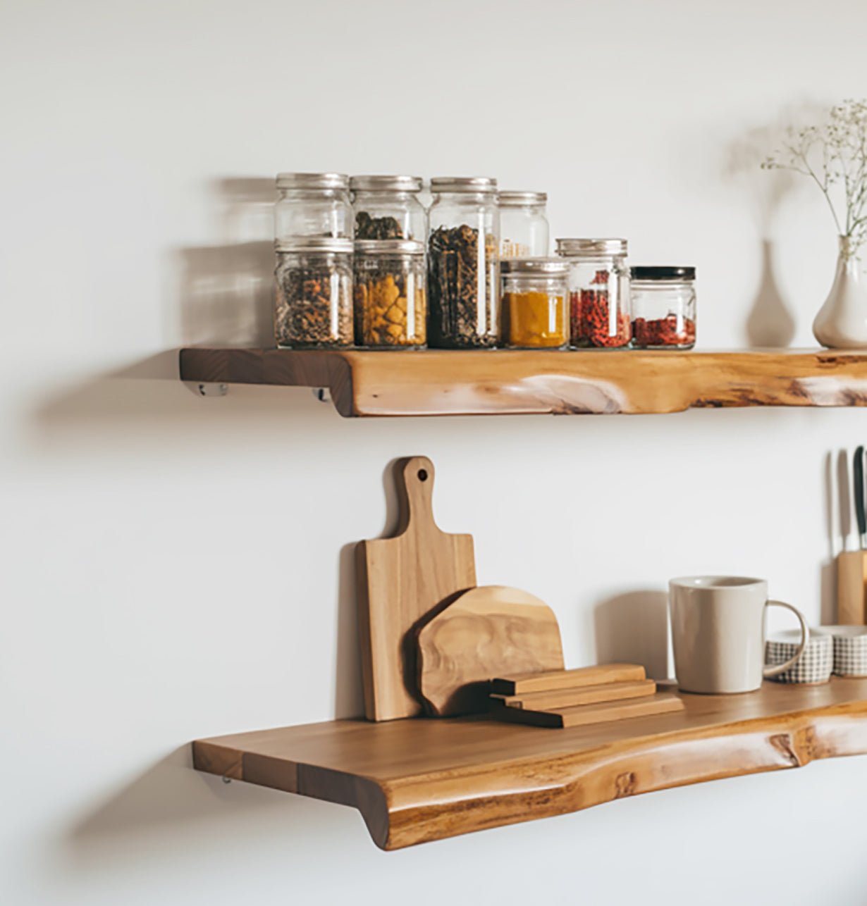 Live Edge Zwevende Keukenwandplank – Massief Hout Opbergruimte