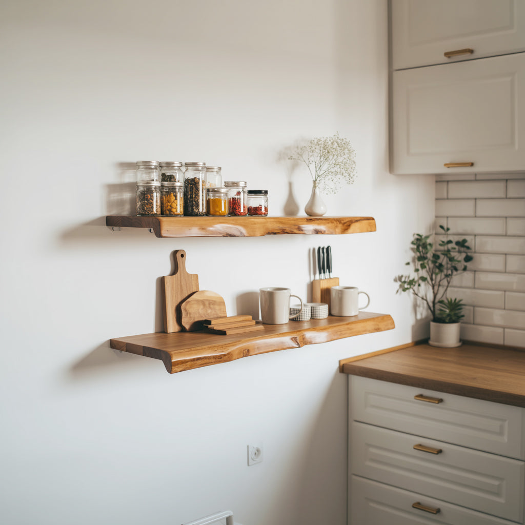 Live Edge Zwevende Keukenwandplank – Massief Hout Opbergruimte