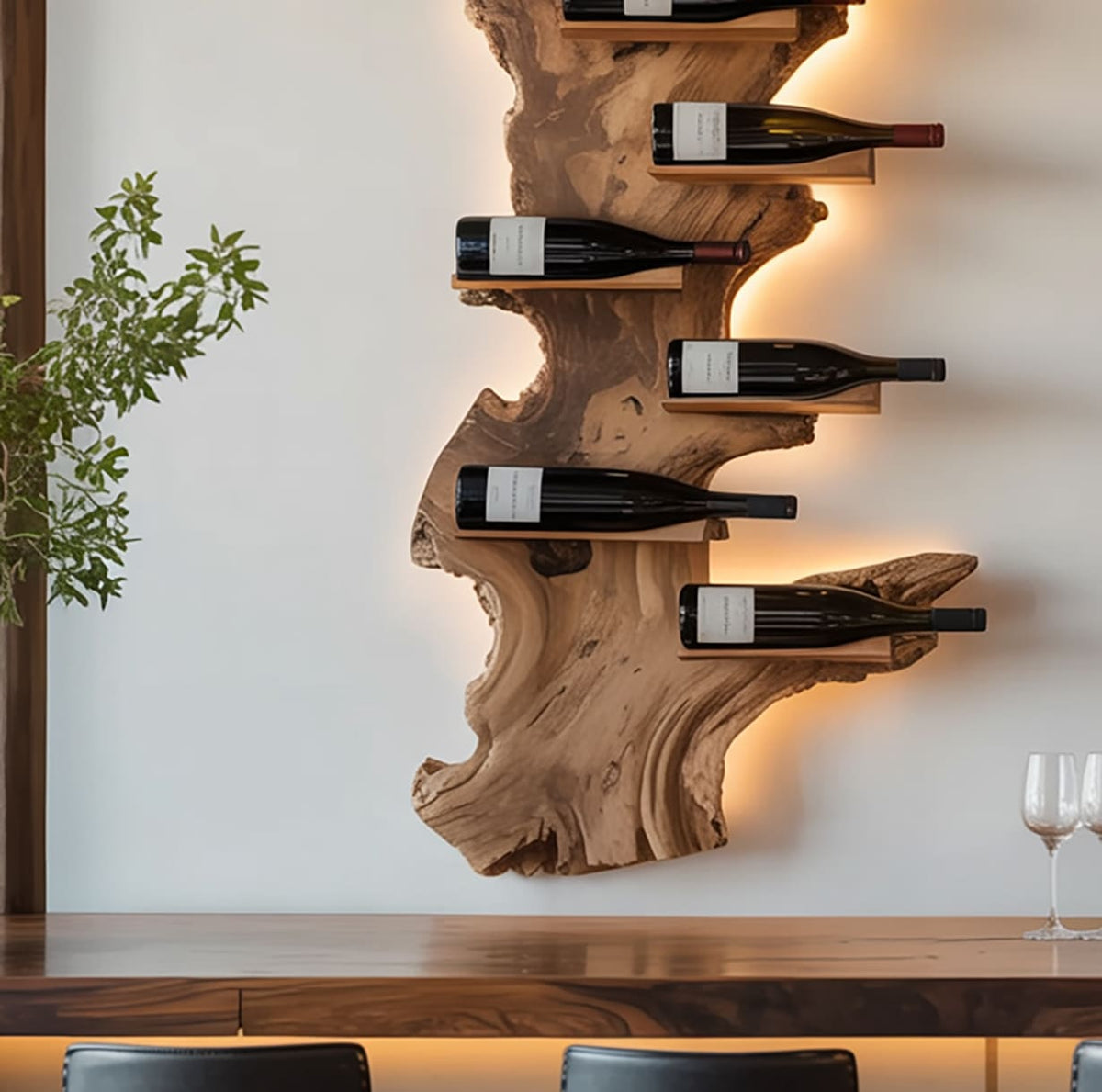 Handgemaakte houten wijnwandplank met natuurlijke boomrand