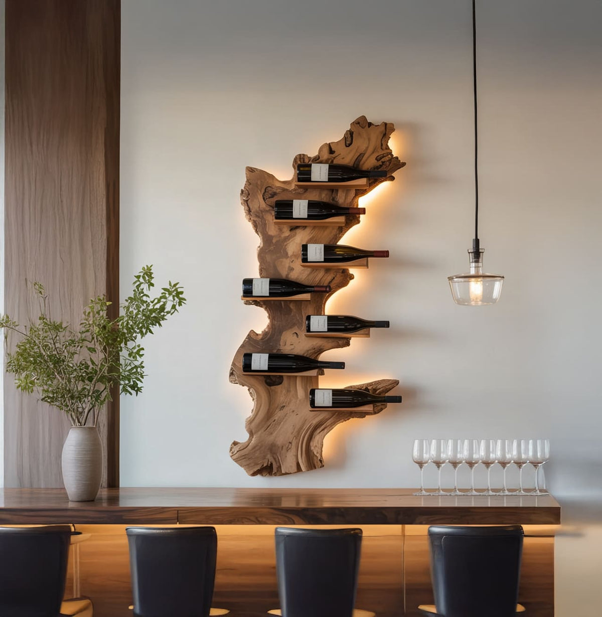 Modern boomrand wijnrek met flessen en glazen in een luxe thuisbar