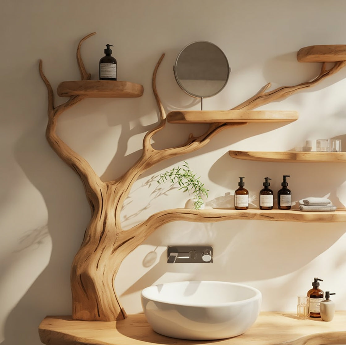 Live Edge Houten Badkamermeubel met Takkenplanken – Handgemaakte Natuurlijke Wastafelconsole