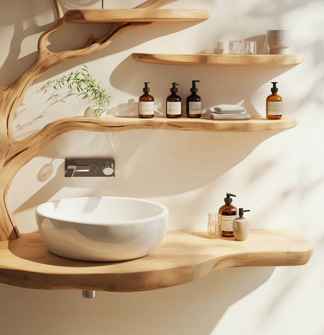 Live Edge Houten Badkamermeubel met Takkenplanken – Handgemaakte Natuurlijke Wastafelconsole