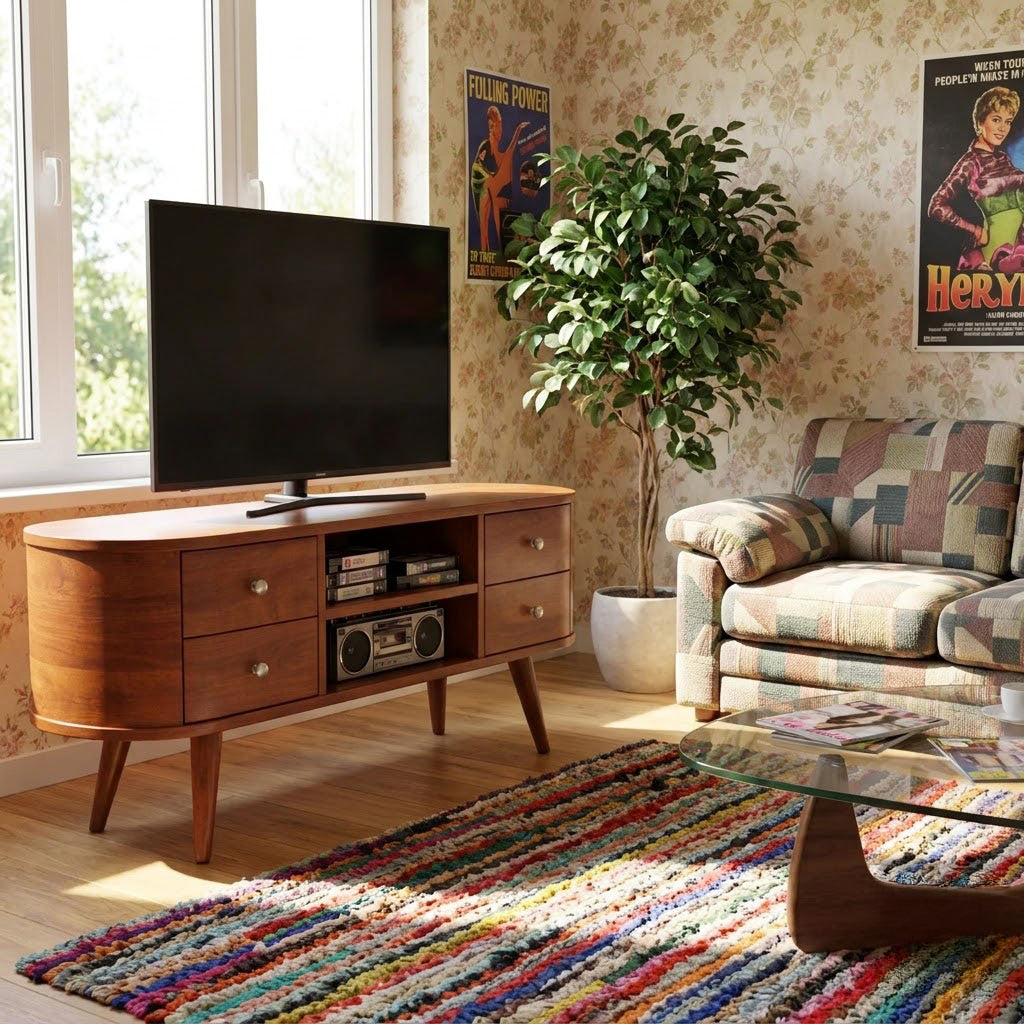 Curved solid wood TV stand displayed in a vintage living room