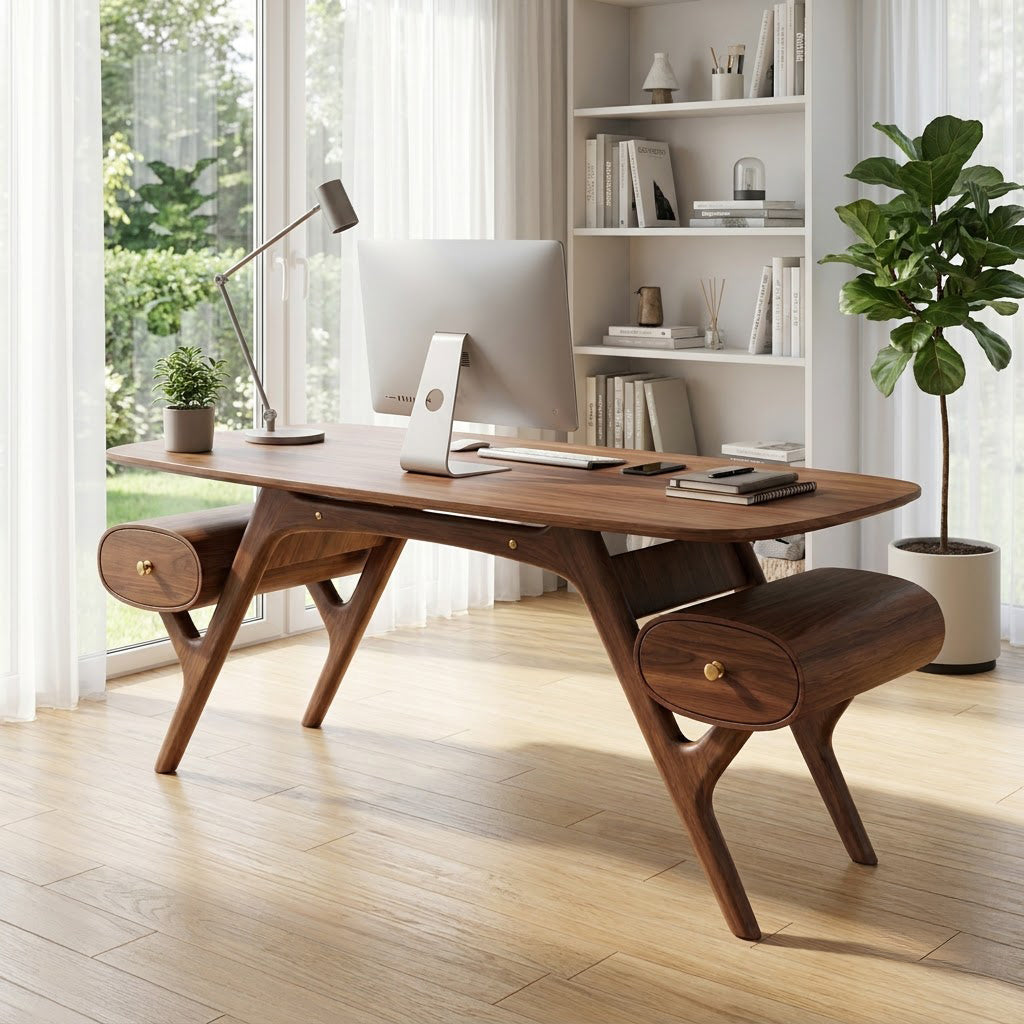Mid-century massief houten bureau met schragenpoten in modern thuiskantoor