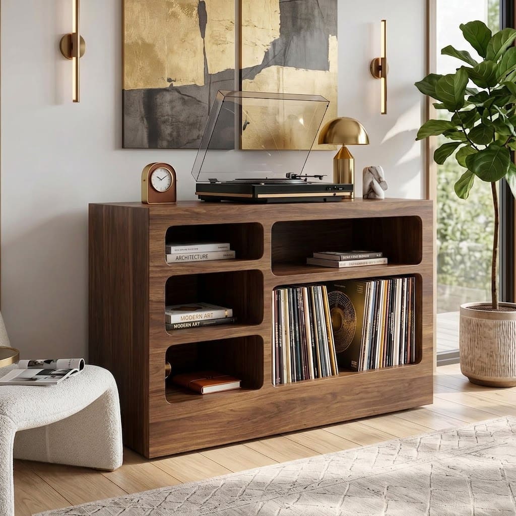 Mid-century massief houten platenspeler meubel in moderne living