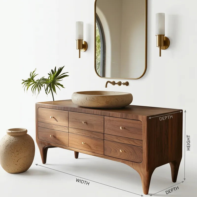 Mid-Century Staand Badkamermeubel - 6 Laden Massief Hout