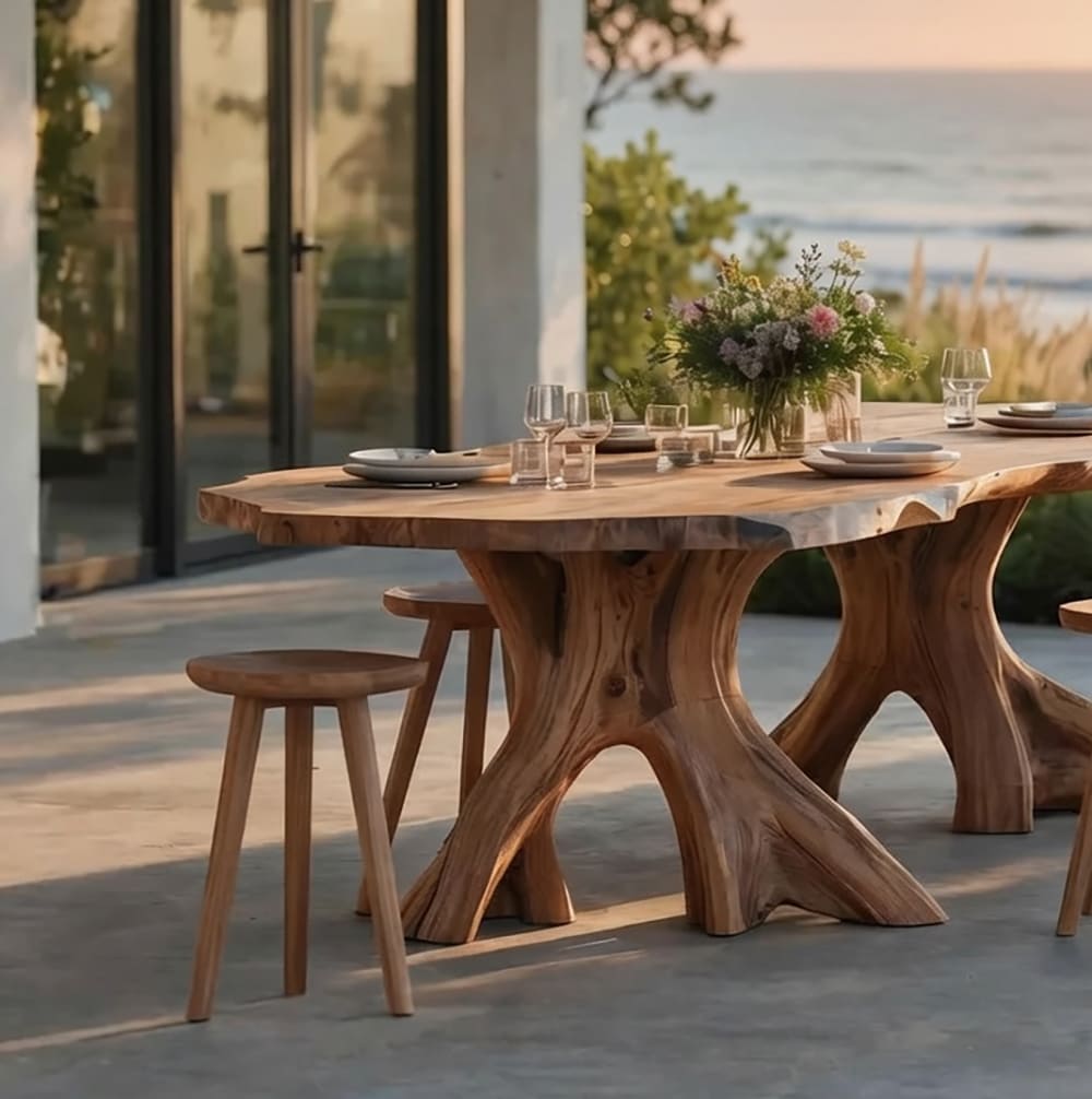 Massief houten buiteneettafel met tijdloos mid-century ontwerp en vakmanschap