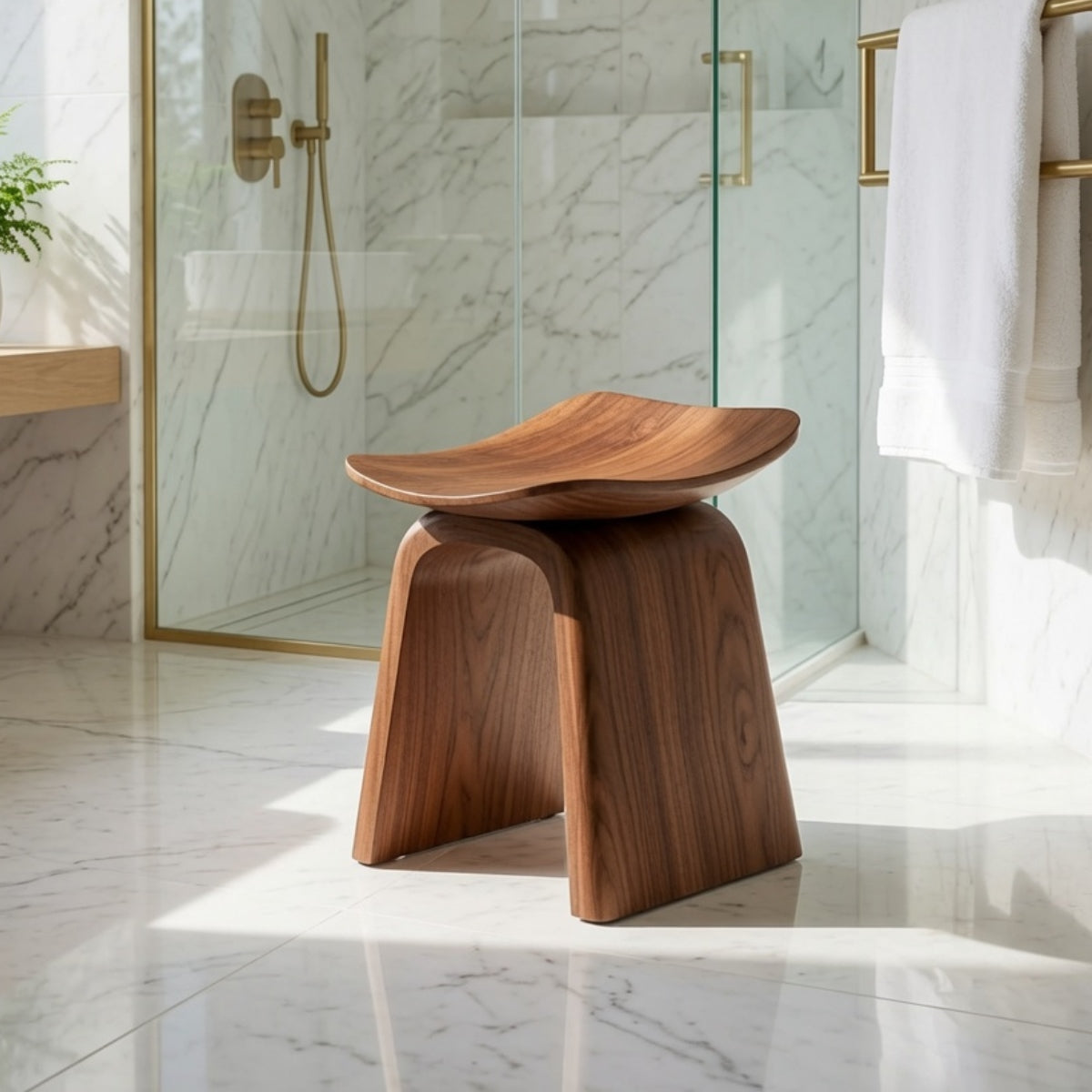 Handgemaakte mid-century badkamerbank van massief hout