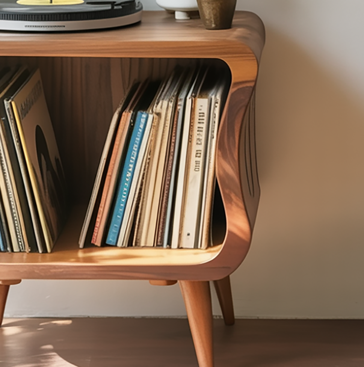 Mid-century massief houten platenspeler tafel met tapse poten en vinyl