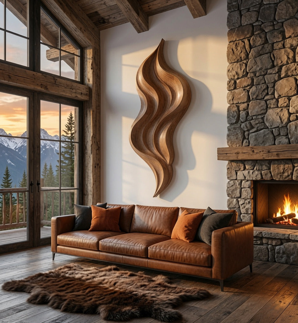 Handgemaakte abstracte houten wandsculptuur in een luxe woonruimte
