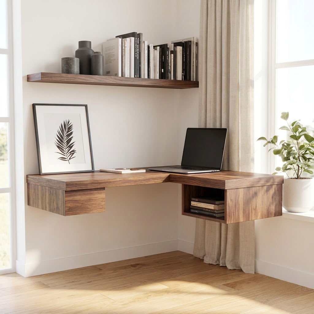 Modern zwevend L-vormig hoekbureau met lade en open vak van massief hout