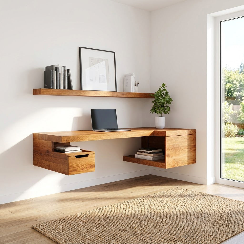 Modern handgemaakt zwevend L-hoekbureau met lade van massief hout