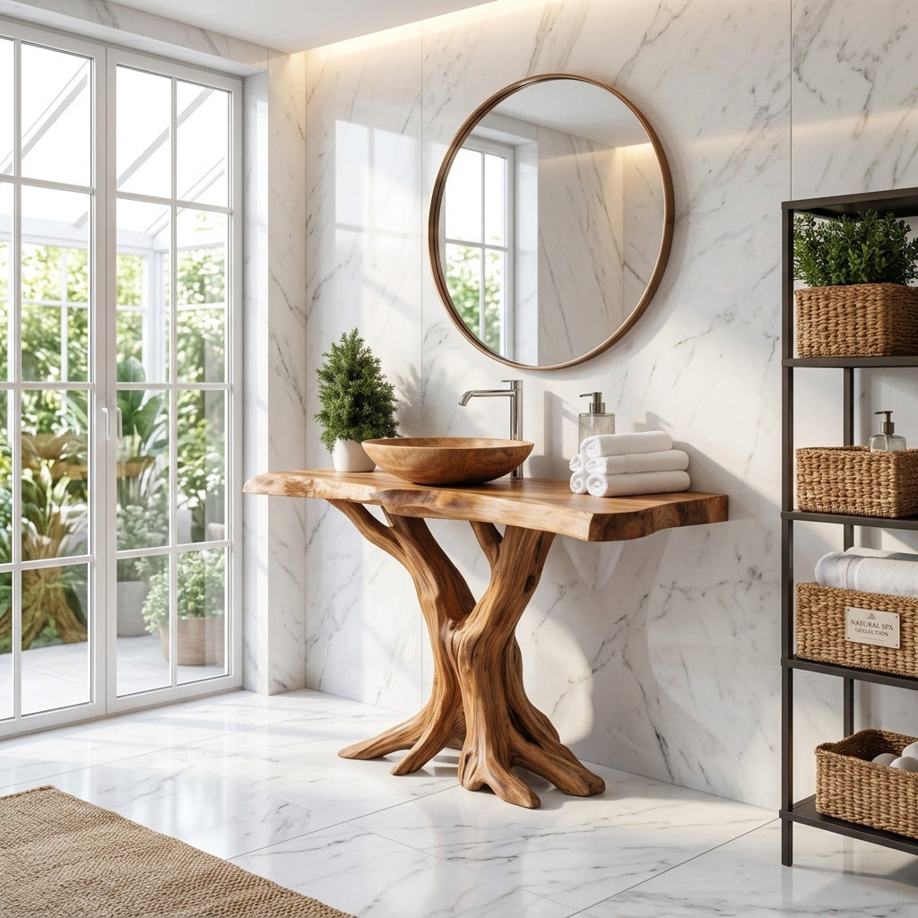 Modern boomrand massief houten badkamermeubel in een eigentijdse badkamer