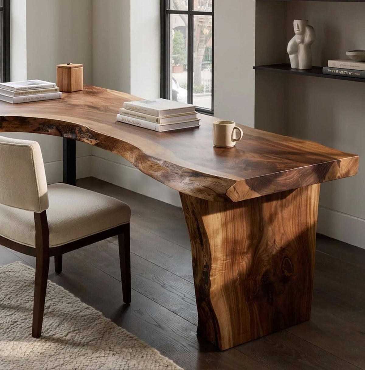 Massief houten studeerbureau met ruim L-vormig ontwerp en natuurlijke boomrand