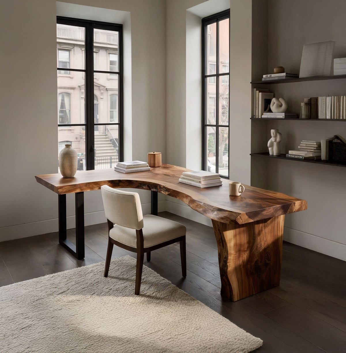Boomrand L-vormig bureau in een moderne studeerkamer