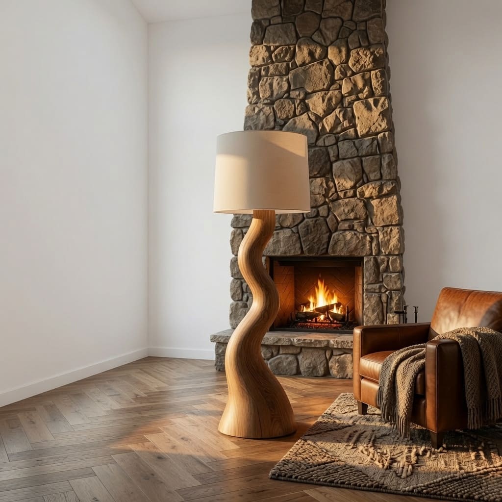 Organisch moderne vloerlamp in een gezellige leeshoek met natuurlijke decoratie