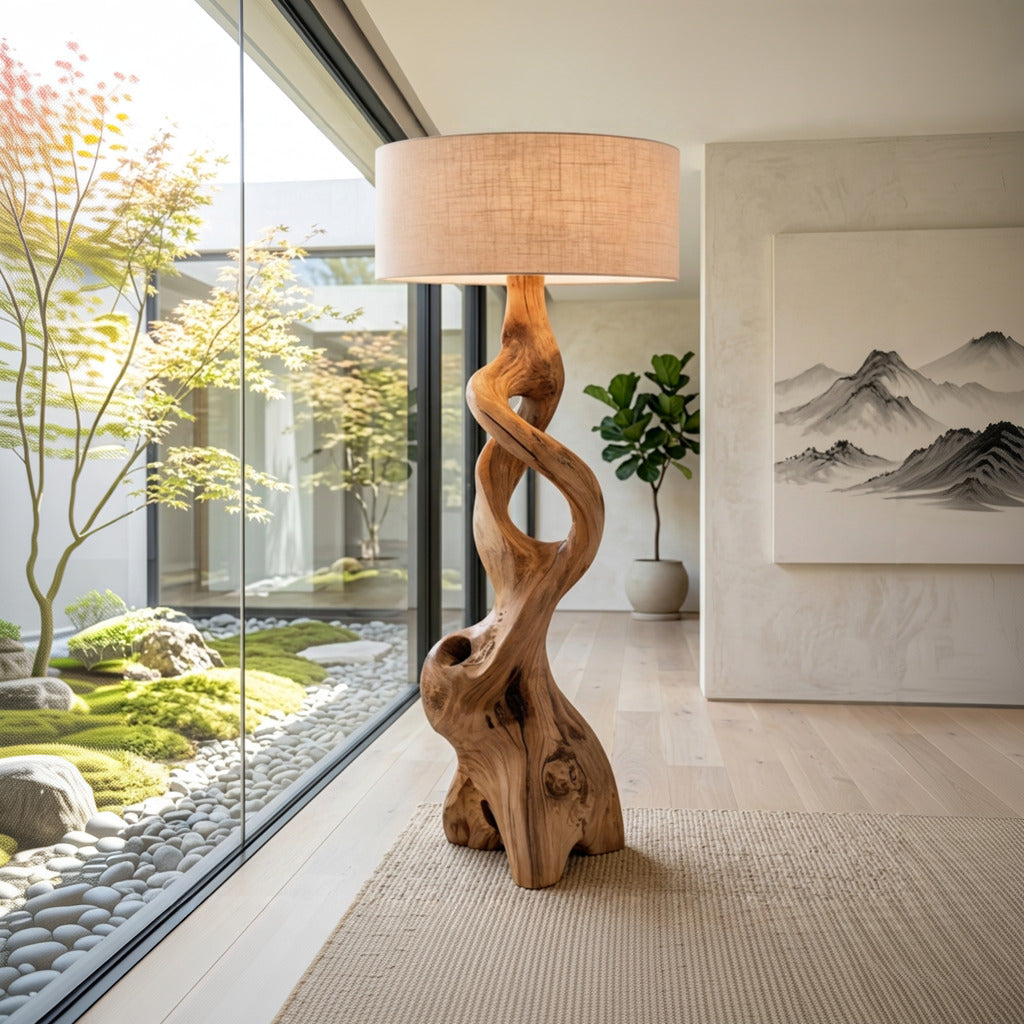 Organische sculpturale vloerlamp in een luxe moderne lounge