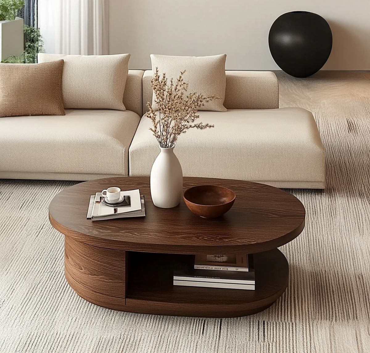 Artistieke houten salontafel met gebogen onderstel