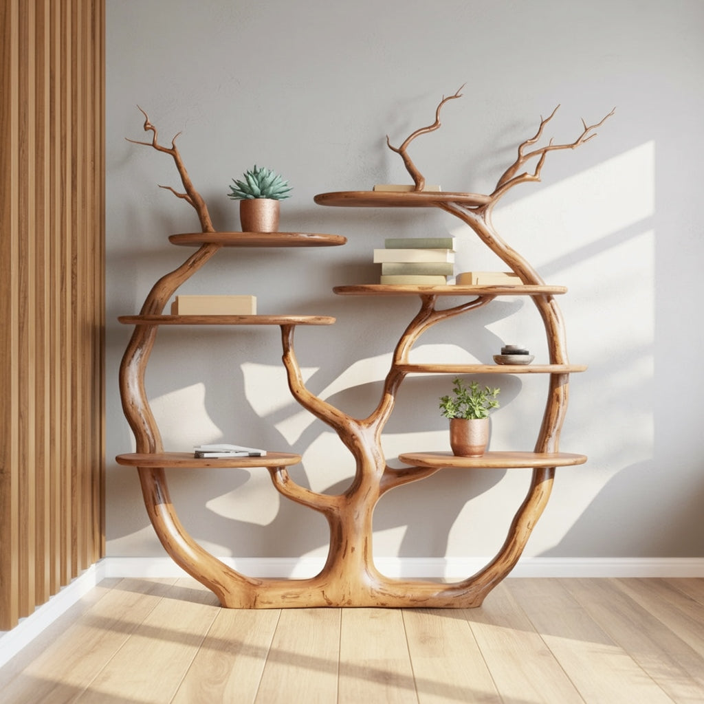 Houten boomboekenplank gedecoreerd met kleine planten onder zacht licht