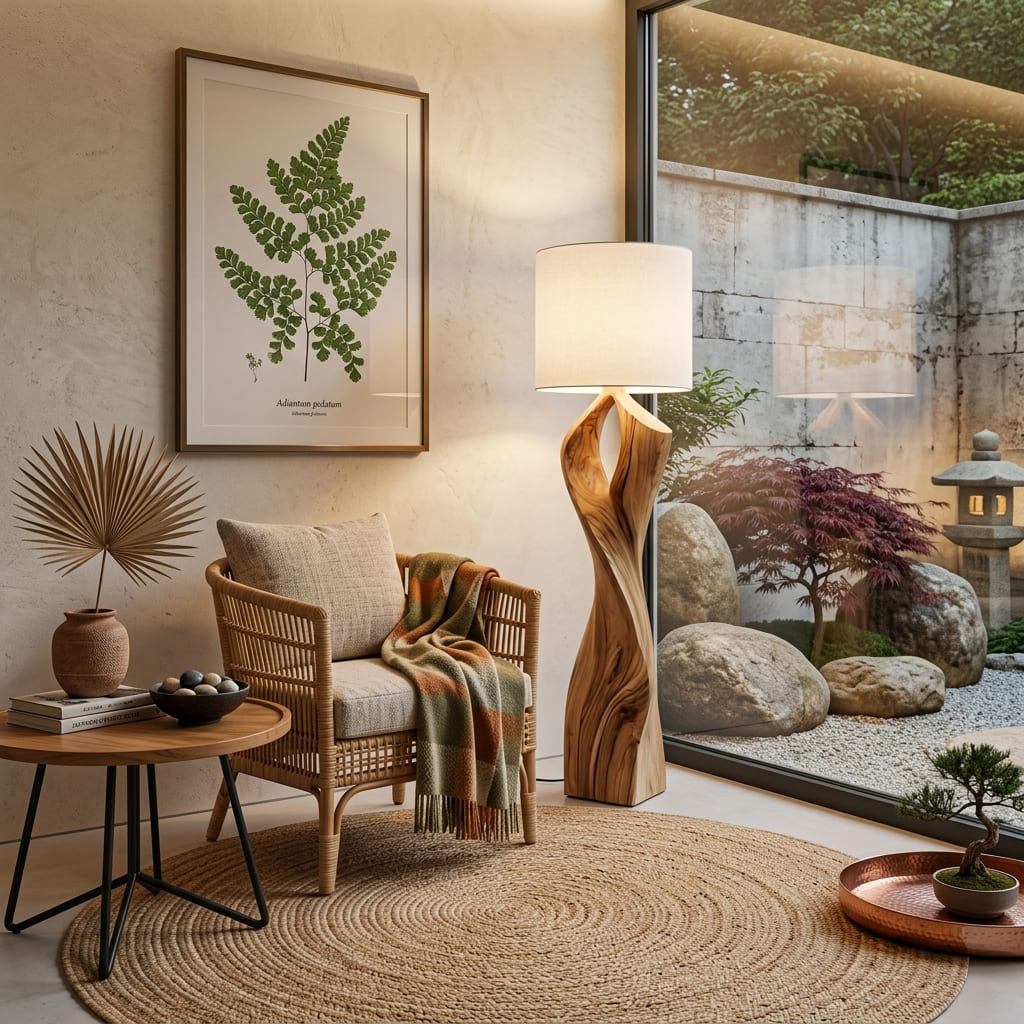 Eigentijdse boomrand houten vloerlamp naast een comfortabele leesstoel
