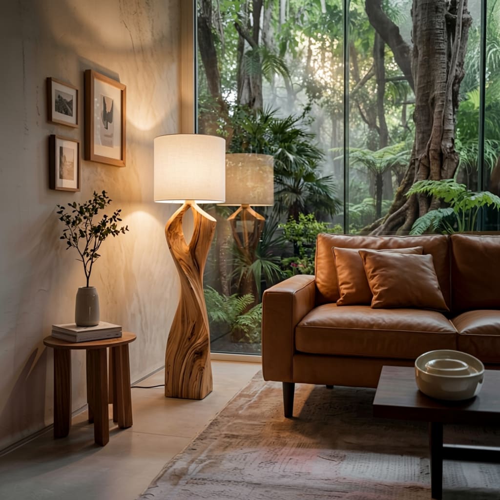 Luxe boomrand vloerlamp in een elegante leefruimte