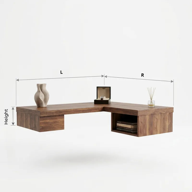 Zwevend L-Hoekbureau met Lade & Open Vak - Massief Hout