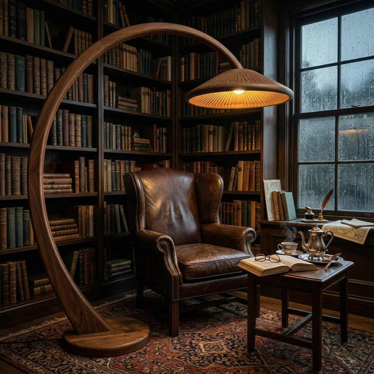 Handcrafted mushroom arc floor lamp with wide parasol wood shade beside leather armchair