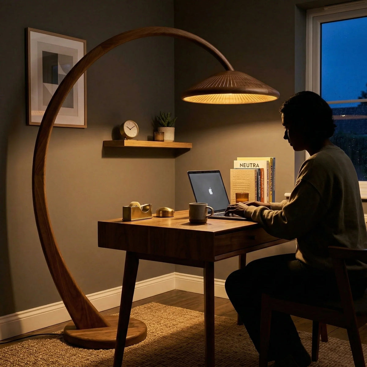 Boogvormige paddenstoel lamp met brede kap naast bureau in de slaapkamer