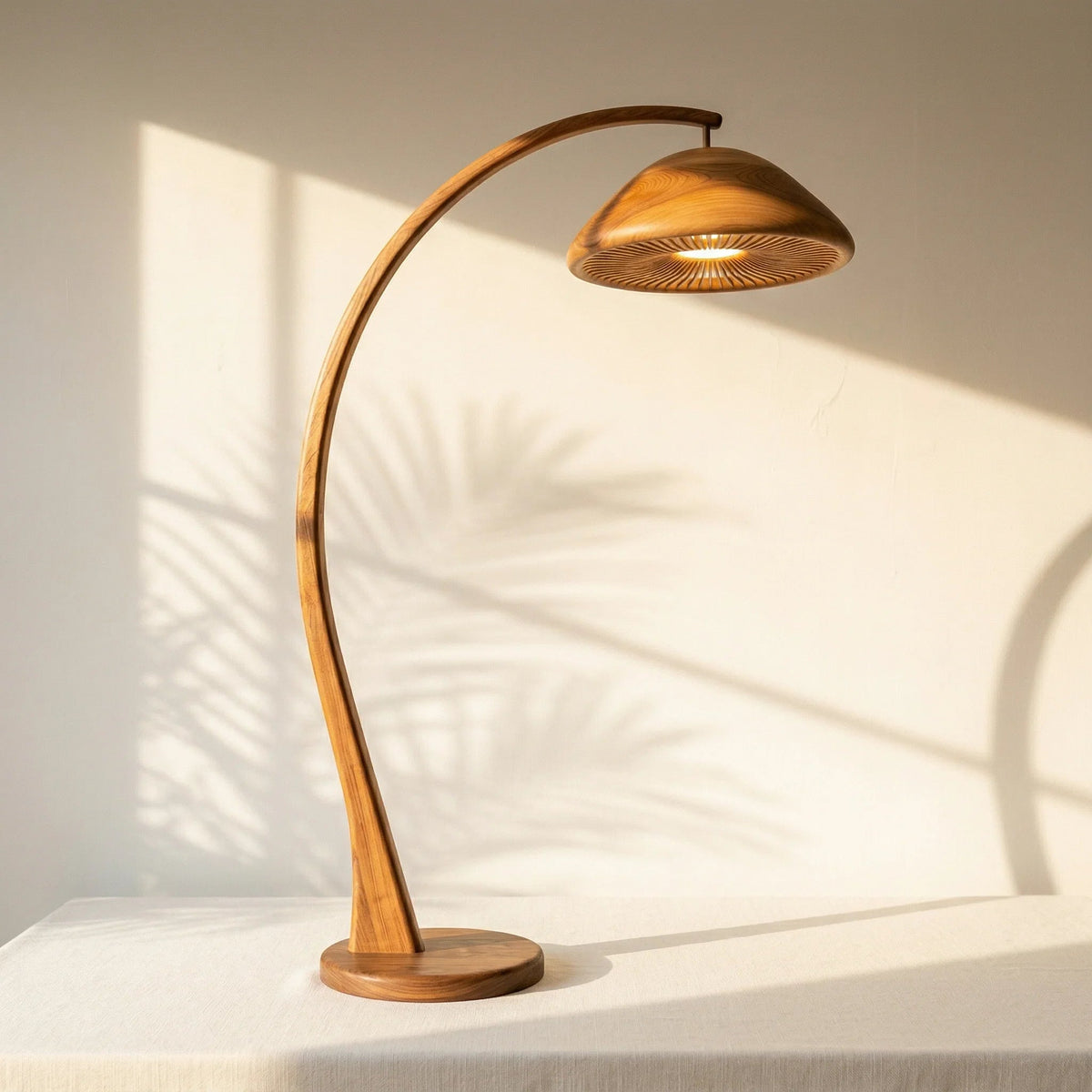 Handcrafted mushroom arc floor lamp with solid wood curved stem and slatted dome shade