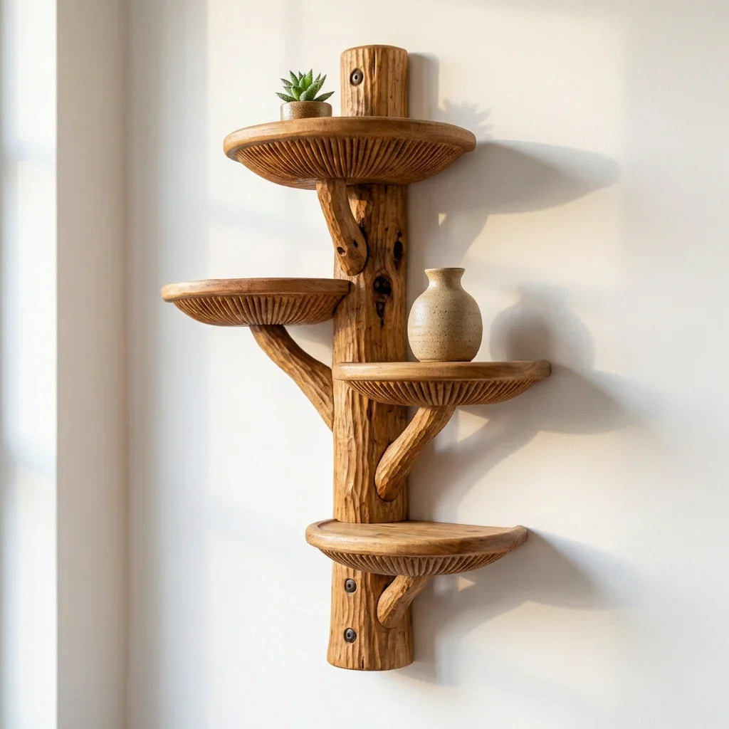 Halfronde massief houten paddenstoel wandplank met diepe schalen en lamellen