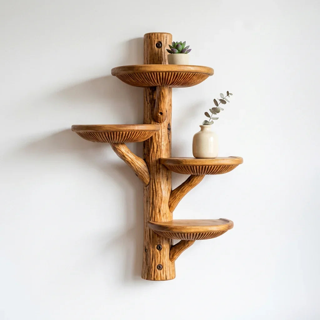 Halfronde massief houten paddenstoel wandplank met diepe schalen en lamellen
