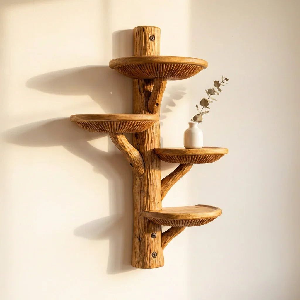 Halfronde massief houten paddenstoel wandplank met diepe schalen en lamellen