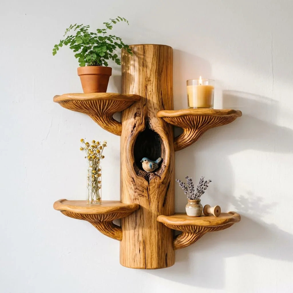Symmetrische houten paddenstoel wandplank met waaiervormige schappen