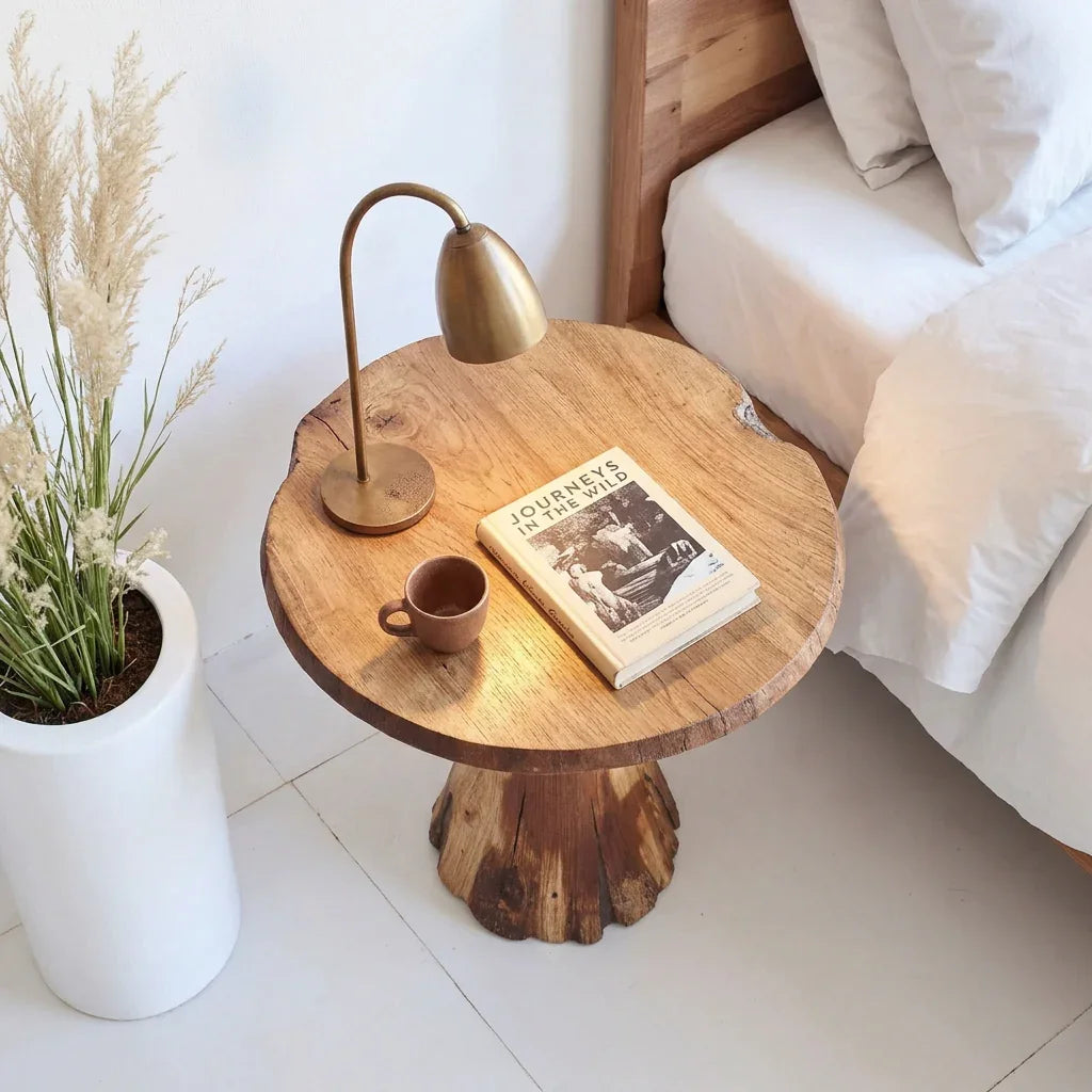 Handgesneden massief houten paddenstoel bijzettafel met zandloper onderstel