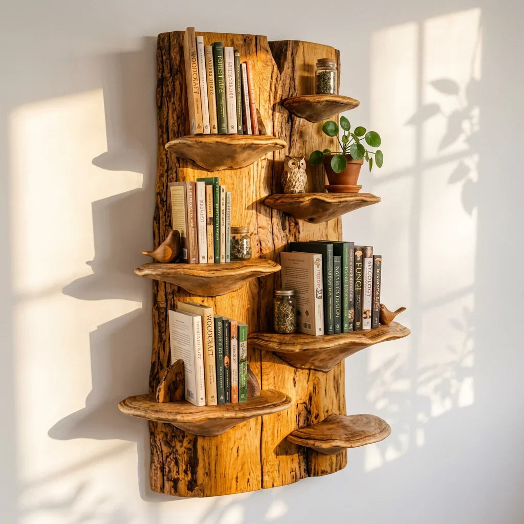 Massief houten boomrand wandboekenkast met paddenstoel schappen